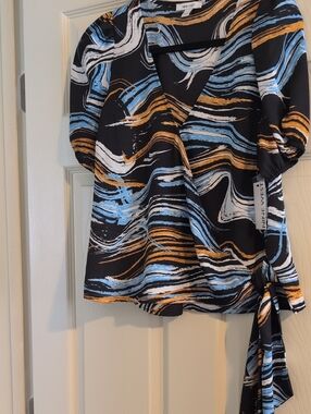 Nine West Black Wrap Blouse with Blue, White & Gold Brushstroke Print